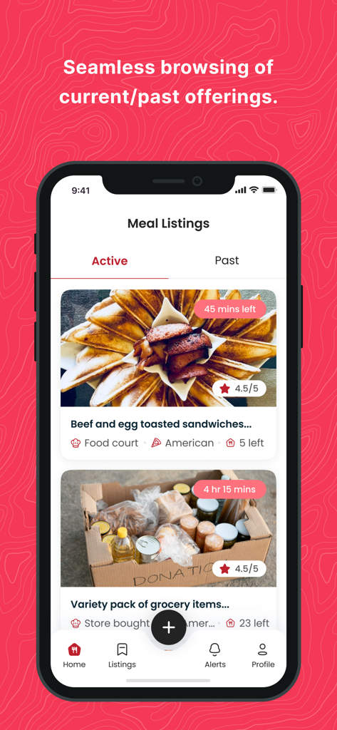 The HungreeApp - Smartphone-Bildschirm zeigt aktive Lebensmittellisten auf The HungreeApp für gemeinschaftlichen Lebensmitteltausch und Abfallreduzierung