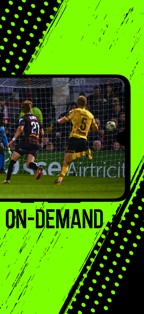 LOITV - Smartphone screen showing a soccer match on the LOITV app with on-demand text