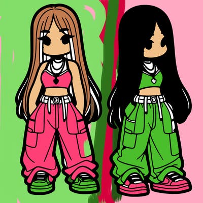 girl in baggy pants crop top and long hair