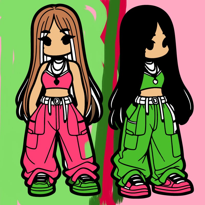 girl in baggy pants crop top and long hair