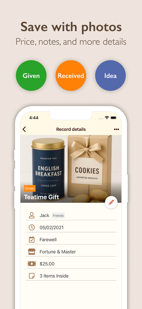 Interface of Gift Recorder app displaying a gift record with photo and financial details