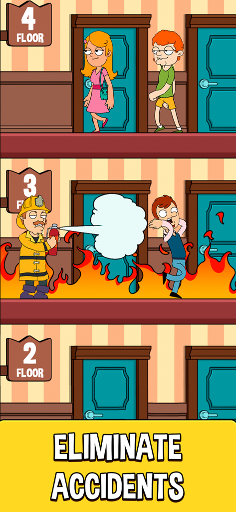 A firefighter putting out a hallway fire in the Hotel Elevator mobile game.