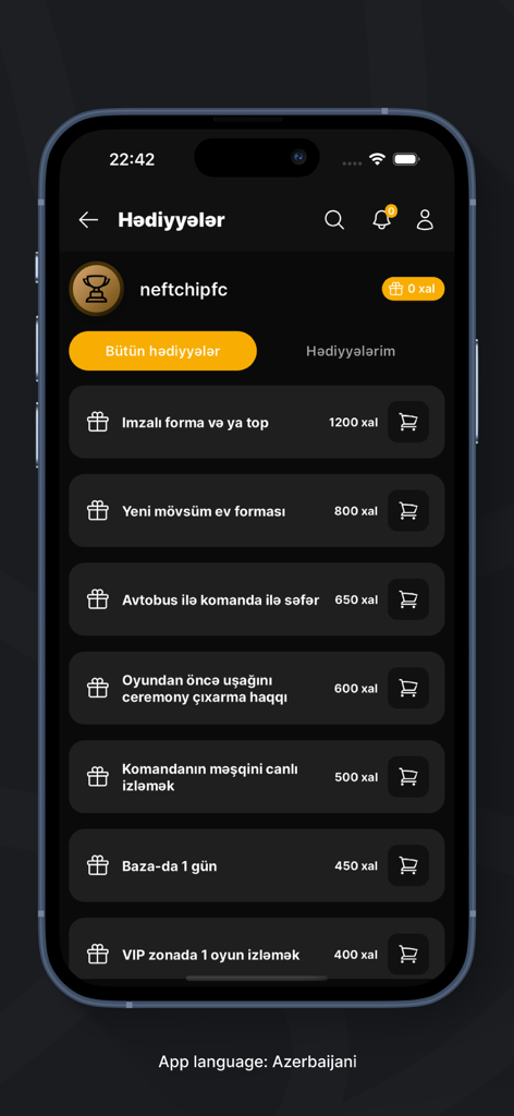 Neftchi PFK mobile app rewards screen showing fan points for club prizes