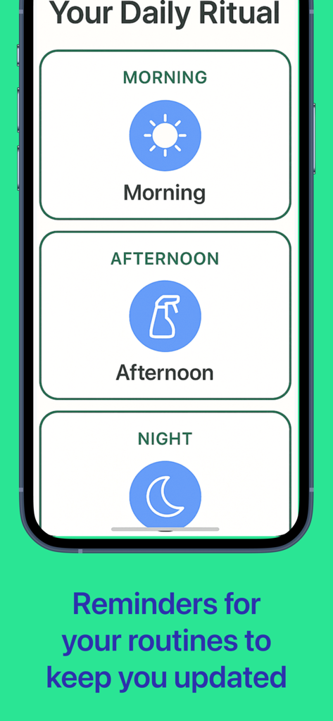 Hairmony app screen showing the daily ritual section with scheduled hair care reminders for morning afternoon and night