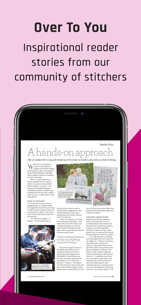Captura de tela do aplicativo de ponto cruz mostrando histórias inspiradoras da comunidade de leitores