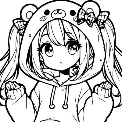 cute anime girl with ponytails and a cute bear hoodie