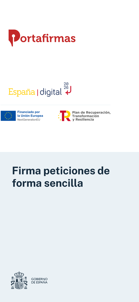 Mi Portafirmas - Startbildschirm der Mi Portafirmas-App mit dem Logo der spanischen Regierung und dem Slogan für digitale Signaturen.