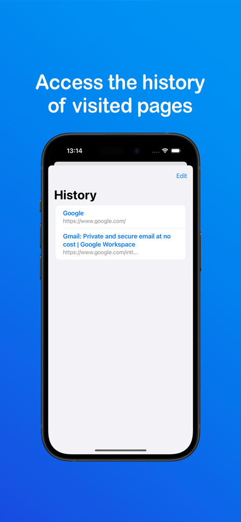 Browser Desktop - Screenshot of the Browser Desktop app history screen showing a list of visited websites on an iPhone