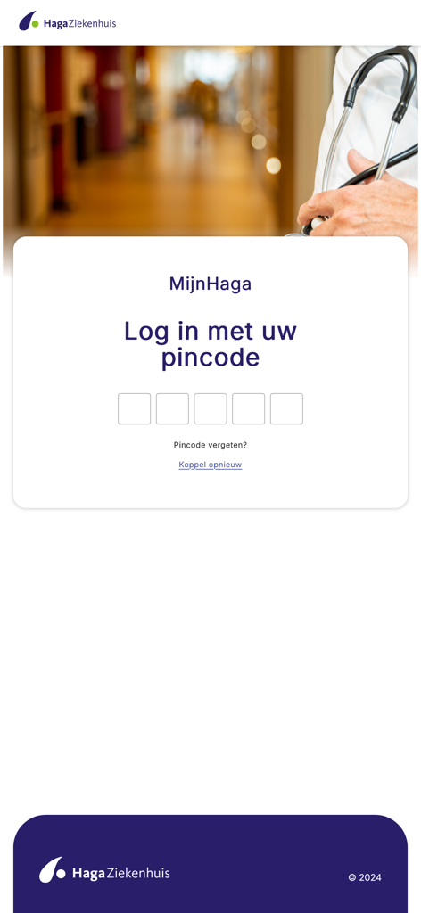 MijnHaga - Login screen for the MijnHaga patient portal app showing a secure pincode entry field