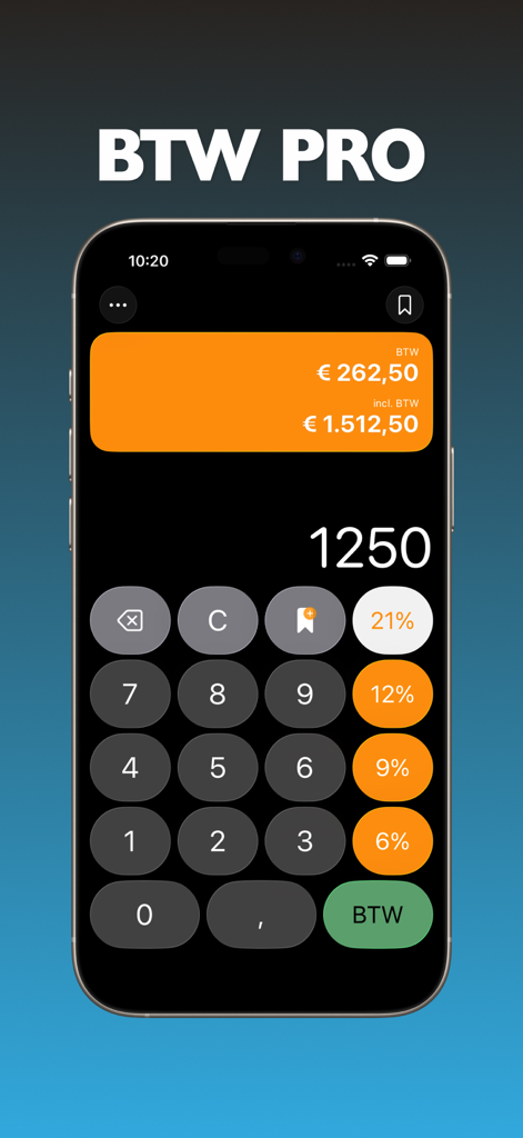 BTW Calculator Pro app interface showing a VAT calculation with various percentage tax rates for Netherlands and Belgium