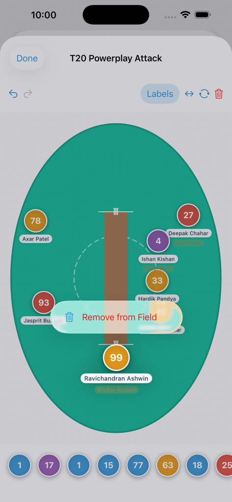 Cricket Fielding - Editor de campo de cricket que muestra las colocaciones de jugadores para la estrategia de ataque de 'powerplay' T20.