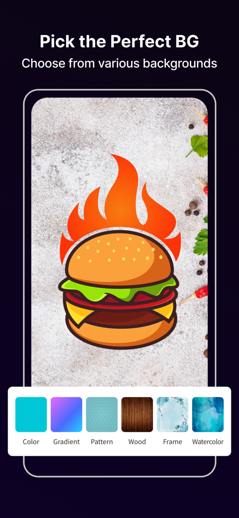 Cava AI Logo Maker: Rebrand - Interface of Cava AI Logo Maker app showing background selection tools for a flaming burger logo