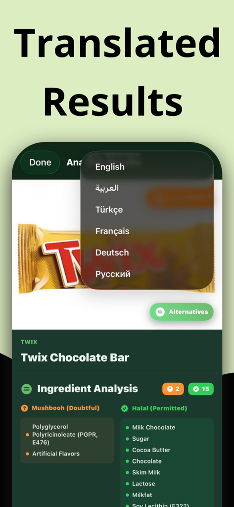 Interface do aplicativo Halal Scanner mostrando análise de ingredientes multilíngue para uma barra de chocolate