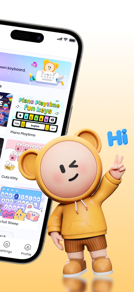 Font & Emoji Keyboard: FotoAI - Um personagem 3D em um moletom laranja ao lado de um smartphone exibindo temas de teclado estéticos como Piano Playtime e Cute Kitty