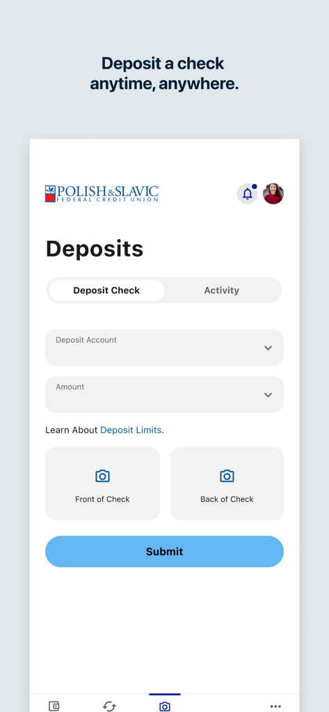 PSFCU Mobile - Polish and Slavic Federal Credit Union mobile app check deposit screen