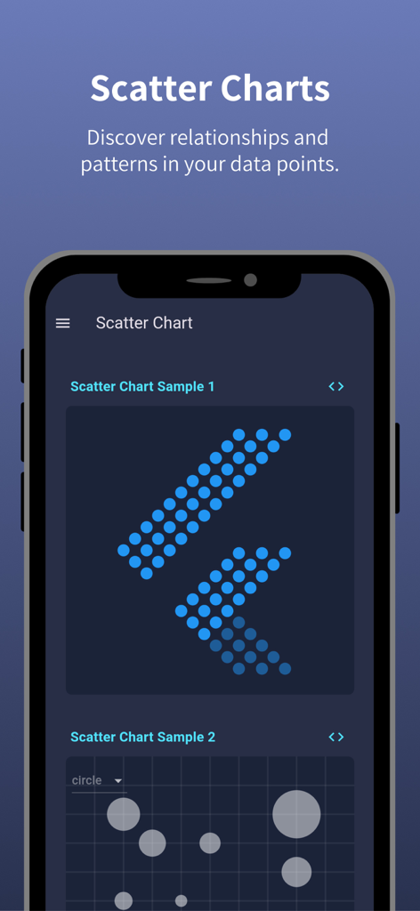 FL Chart - A mobile interface showing scatter chart samples from the FL Chart Flutter library.