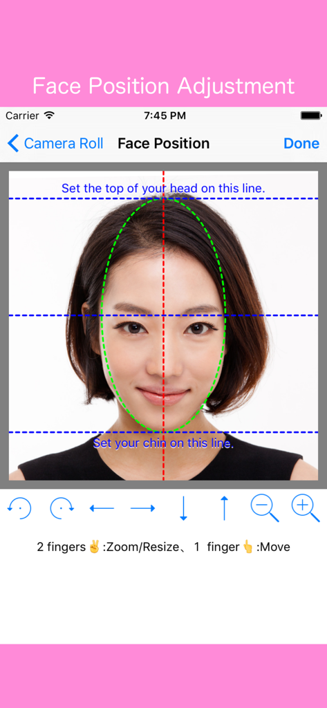 Beautiful ID Photo Creator - Interface of the Beautiful ID Photo Creator app showing a woman aligning her face within guide lines for a professional passport photo.