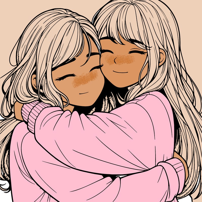 realistic two girls hugging