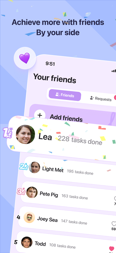 DuoDo app screenshot showing a social leaderboard ranking friends by their completed tasks.
