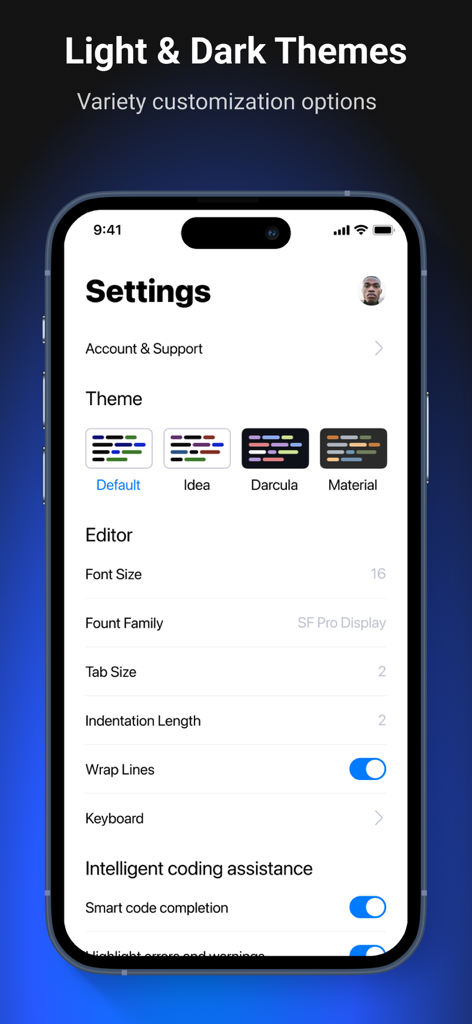 CodeSnack IDE - Settings screen for CodeSnack IDE showing theme and editor options