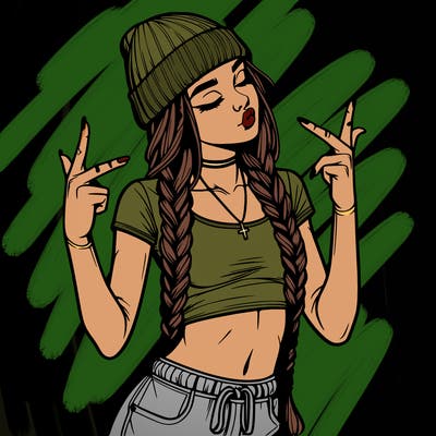 realistic teenage girl with braids and a beanie and crop top doing 🫶🏼