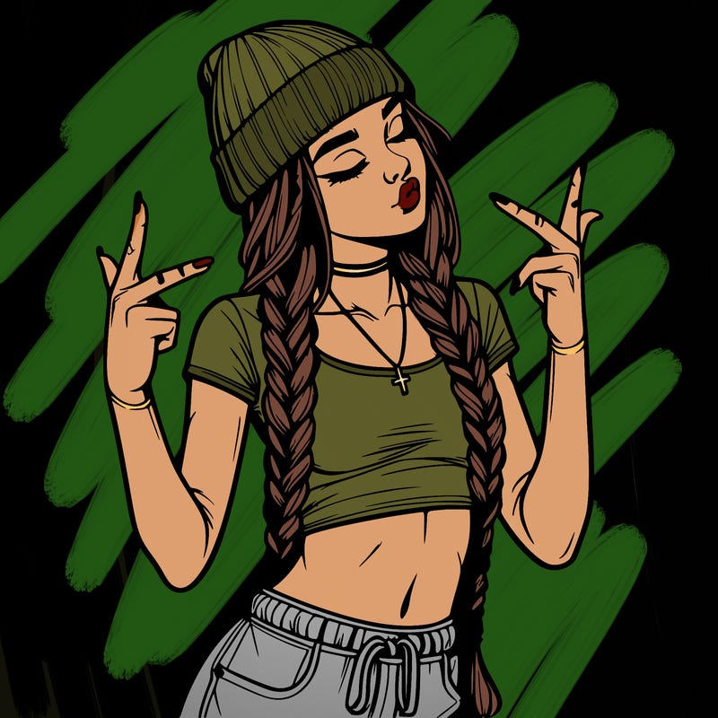 realistic teenage girl with braids and a beanie and crop top doing 🫶🏼
