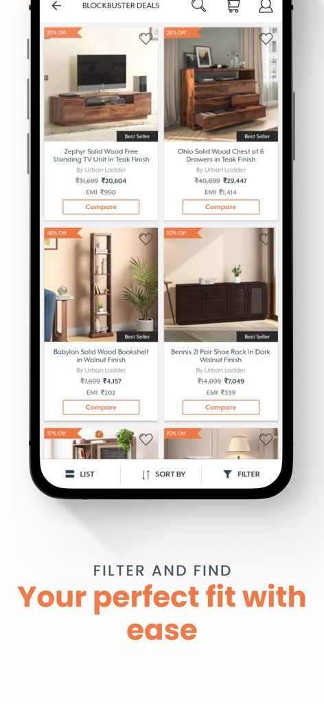 Urban Ladder - Pantalla de ofertas de muebles de la aplicación Urban Ladder con opciones de filtro y ordenación