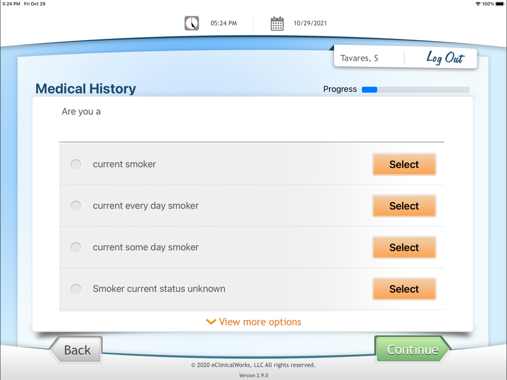 eClinicalWorks Kiosk - Medical history screen in the eClinicalWorks Kiosk app for patient intake showing smoking status options