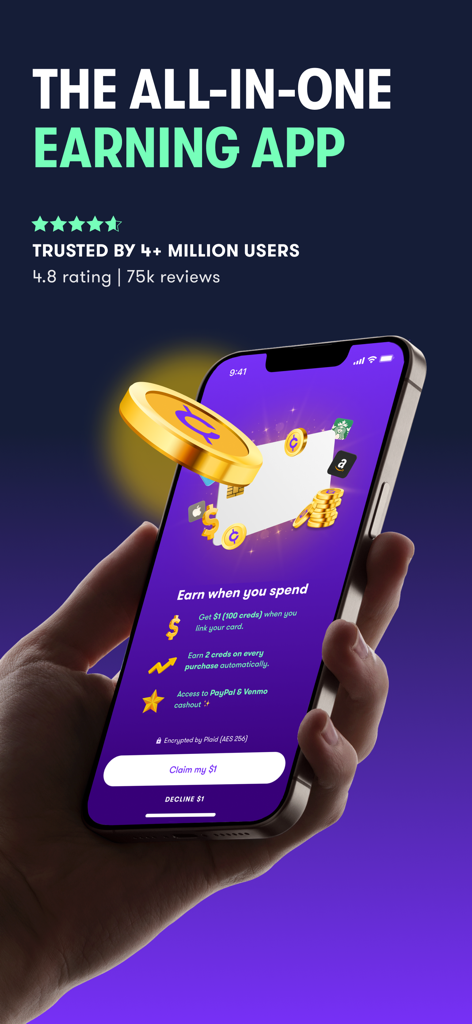A hand holding an iPhone displaying the Copper Rewards for Fun app interface with earning features and trust ratings