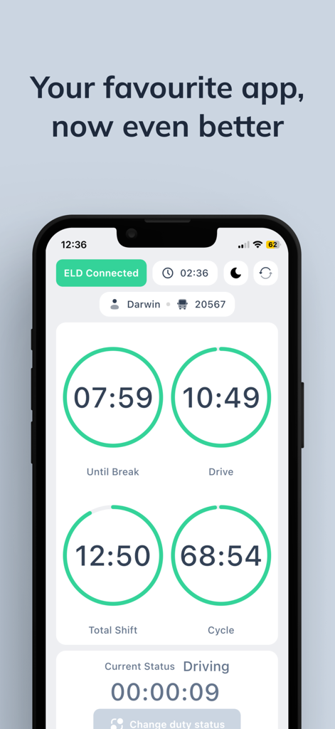 Quantum Logbook ELD - Quantum Logbook ELD app interface showing Hours of Service timers for break, drive time, shift, and cycle.