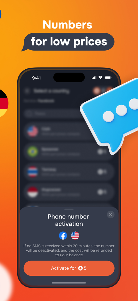 Virtual SIM: SMS activate - Tela do smartphone exibindo a ativação de número virtual para verificação do Facebook