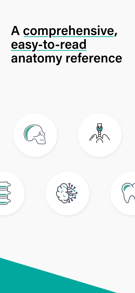 TeachMe Anatomy app promo screen showing medical icons for the skull, brain, and spine with text describing it as a comprehensive easy to read anatomy reference