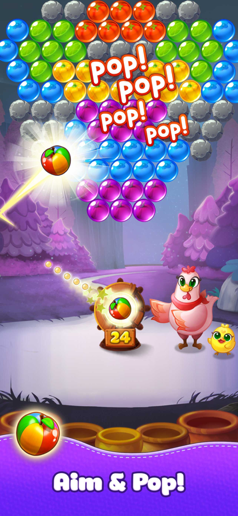 Gameplay of Bubble CoCo Match 3 Shooter featuring the pink hen CoCo and colorful bubbles to pop.