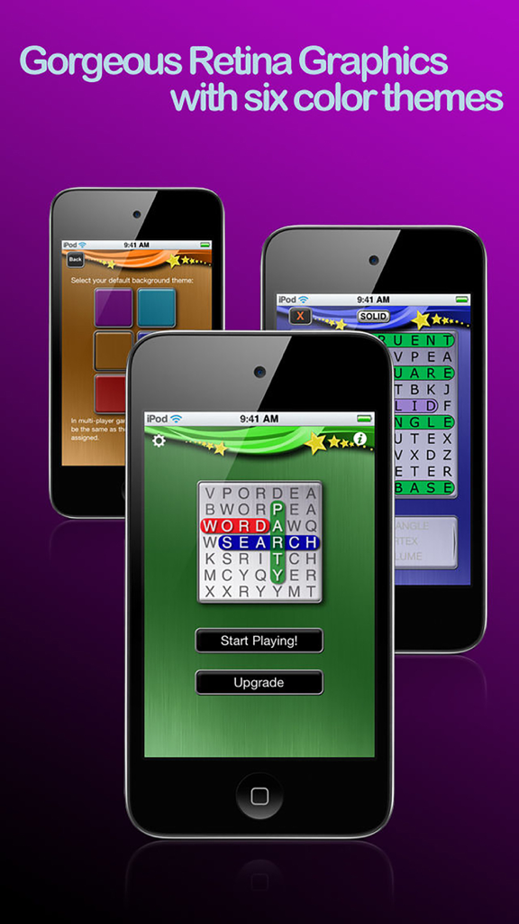 Word Search Party - Word Search Party app displayed on multiple mobile devices showing various color themes and puzzle screens.