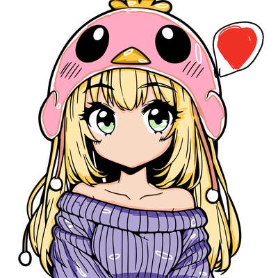anime girl with chick shaped hat with sweater with bare shoulders with bangs covering them one eye with low tail