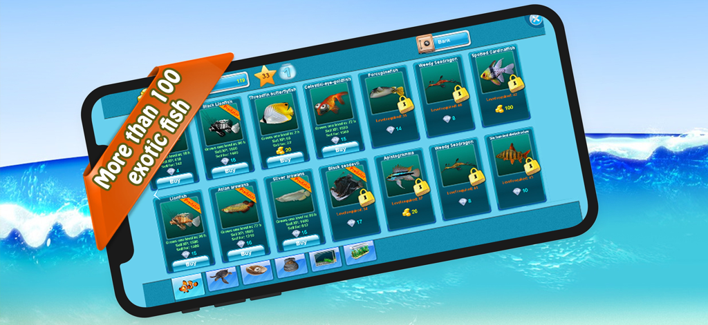 AquaLife 3D - AquaLife 3D shop menu featuring a variety of exotic fish species to collect and buy