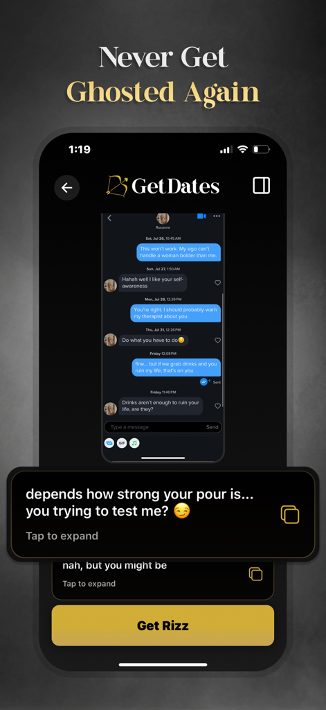 Charmd - AI Wingman - Charmd AI wingman app interface showing chat suggestions to avoid being ghosted in dating conversations