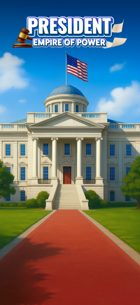 President Simulator Game logo above a white government building with an American flag and a red carpet leading to the entrance