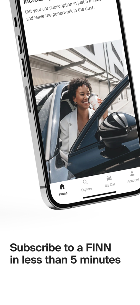FINN Car Subscription - A woman smiling while entering a car with the FINN app showing a fast 5 minute subscription message