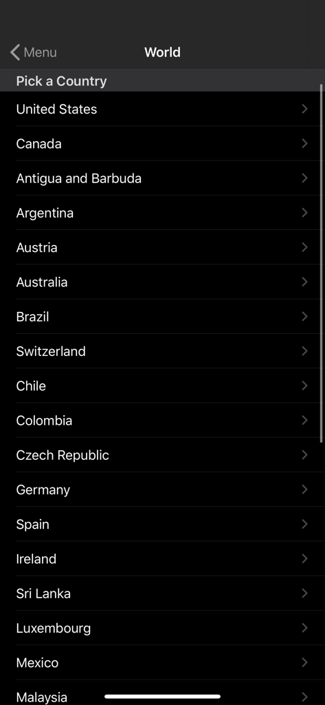 5-0 Radio Pro Police Scanner - Uma lista de países para selecionar transmissões de rádio internacionais de polícia e emergência no aplicativo 5-0 Radio Pro.