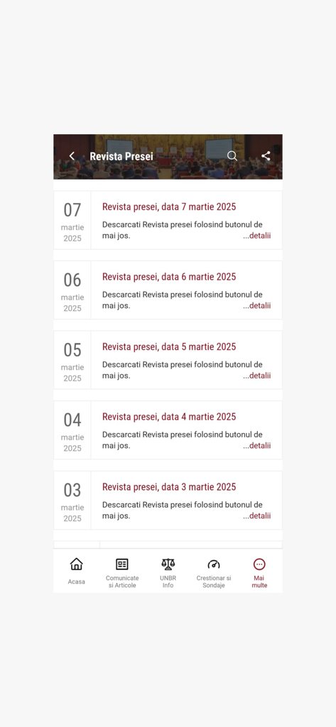 UNBR Info - The Press Review screen of the UNBR Info app showing a chronological list of legal news updates and professional articles.