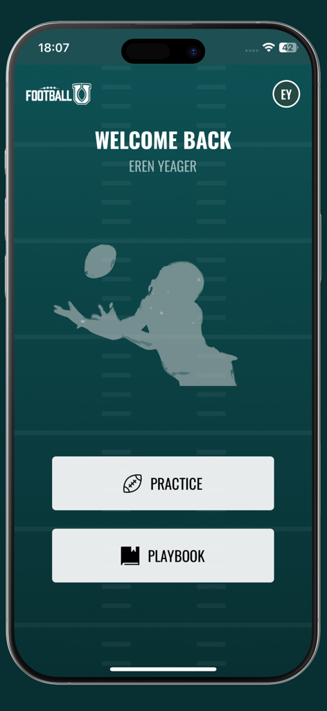 FootballU - The home screen of the FootballU app with buttons for practice and playbook management.