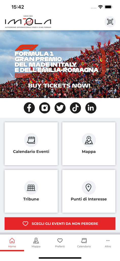 La pantalla de inicio de la aplicación del Circuito de Imola con el menú del evento del Gran Premio de F1.