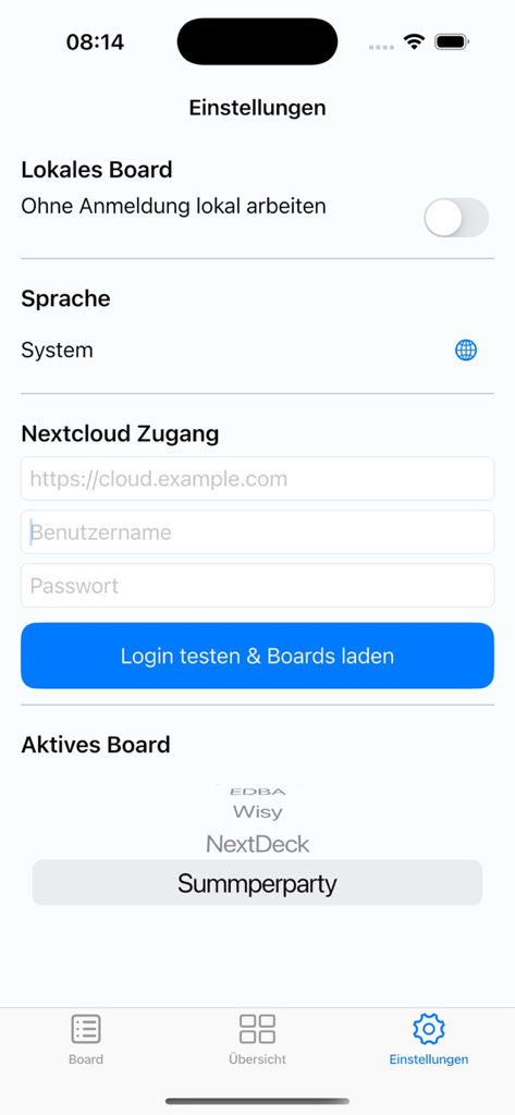 Next Deck settings screen showing Nextcloud server login fields and local board configuration.