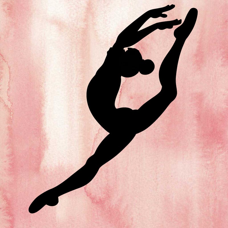 gymnast doing a leap in a leotard with a bent back leg