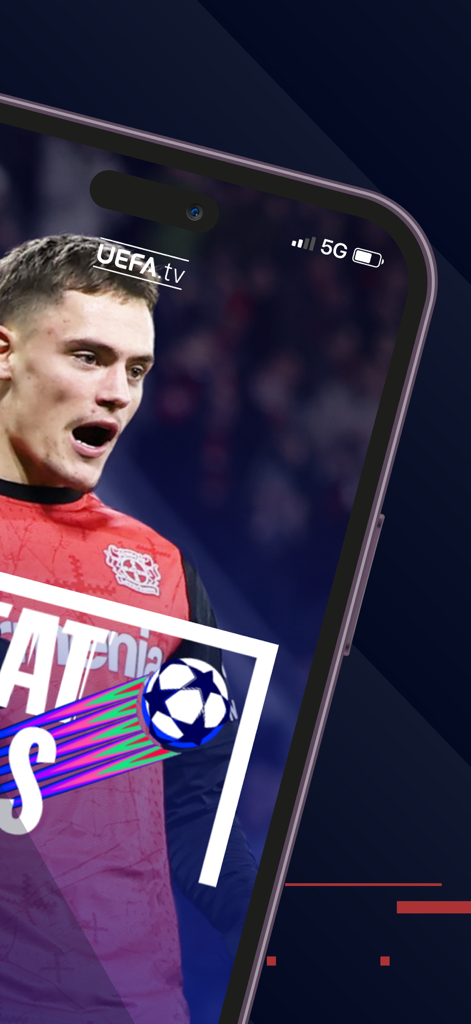 UEFA.tv - UEFA.tv Mobile App auf einem Smartphone mit einem Fußballspieler und Spiel-Highlights