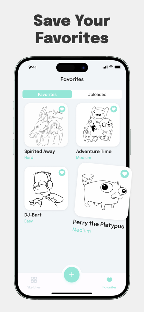 AR Sketch: Paint & Drawing! - Interface of the AR Sketch app showing a collection of saved favorite character sketches for tracing.