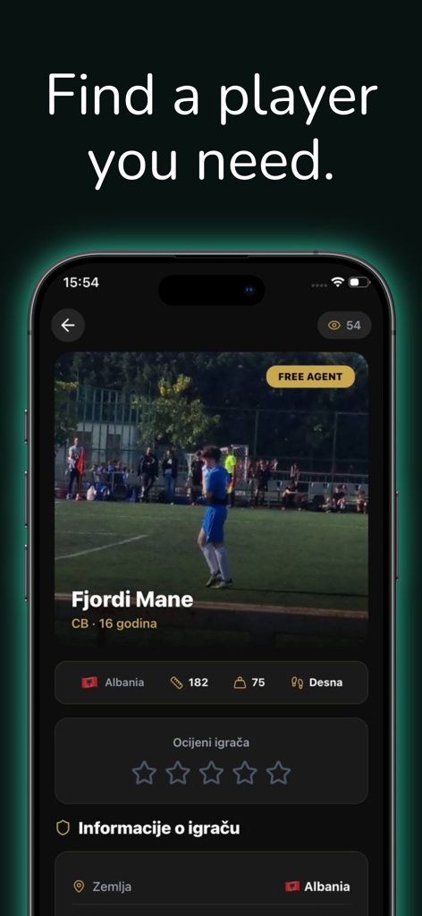 XFER - XFER mobile App-Bildschirm mit einem Fußballspielerprofil für Scouts und Vereine