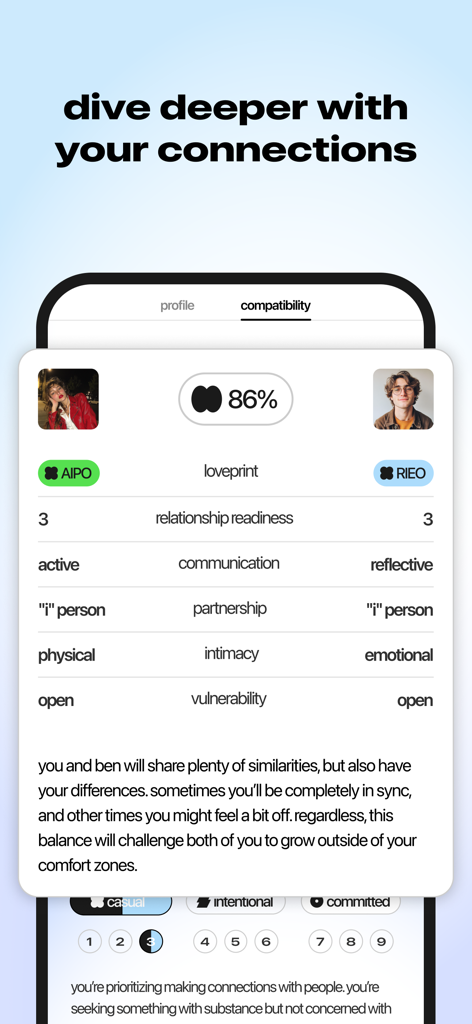 nectar dating by Jubilee - A detailed compatibility report screen on the nectar dating app showing an 86 percent match between two users based on their loveprint and relationship goals.