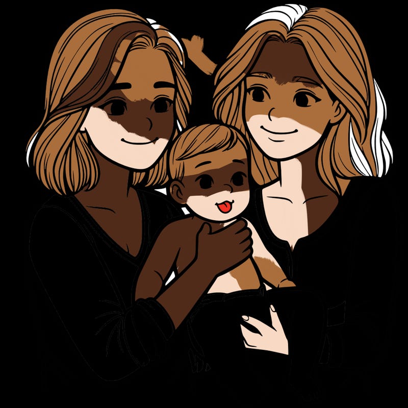 two realistic women holding one baby together